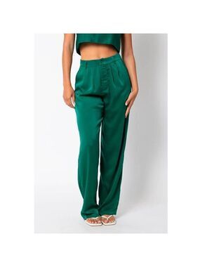Olivacious Emerald Green Satin Wide Leg Pleated Trousers Pants L